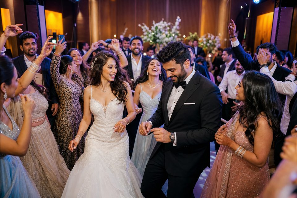 Friends taking a candid wedding reception photo